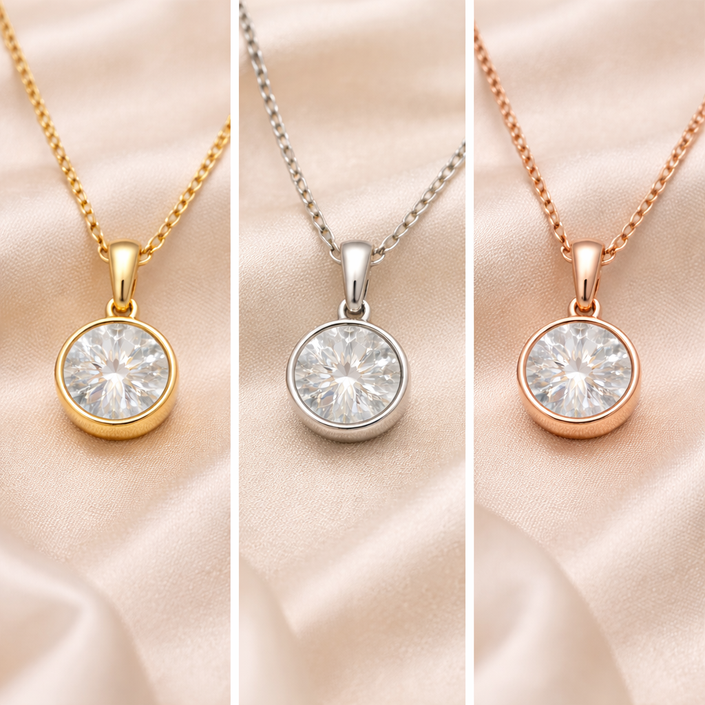 Diamond bezel solitaire pendant necklace in yellow gold