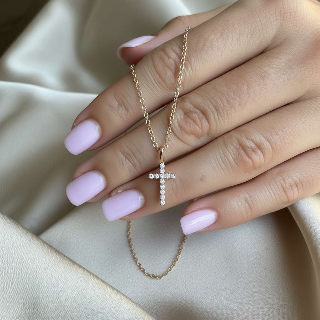 Diamond cross pendant necklace, detailed setting view
