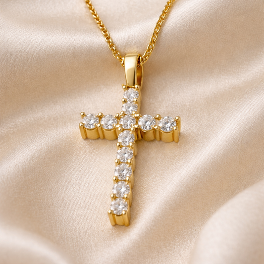 Diamond cross pendant necklace in yellow gold, front view
