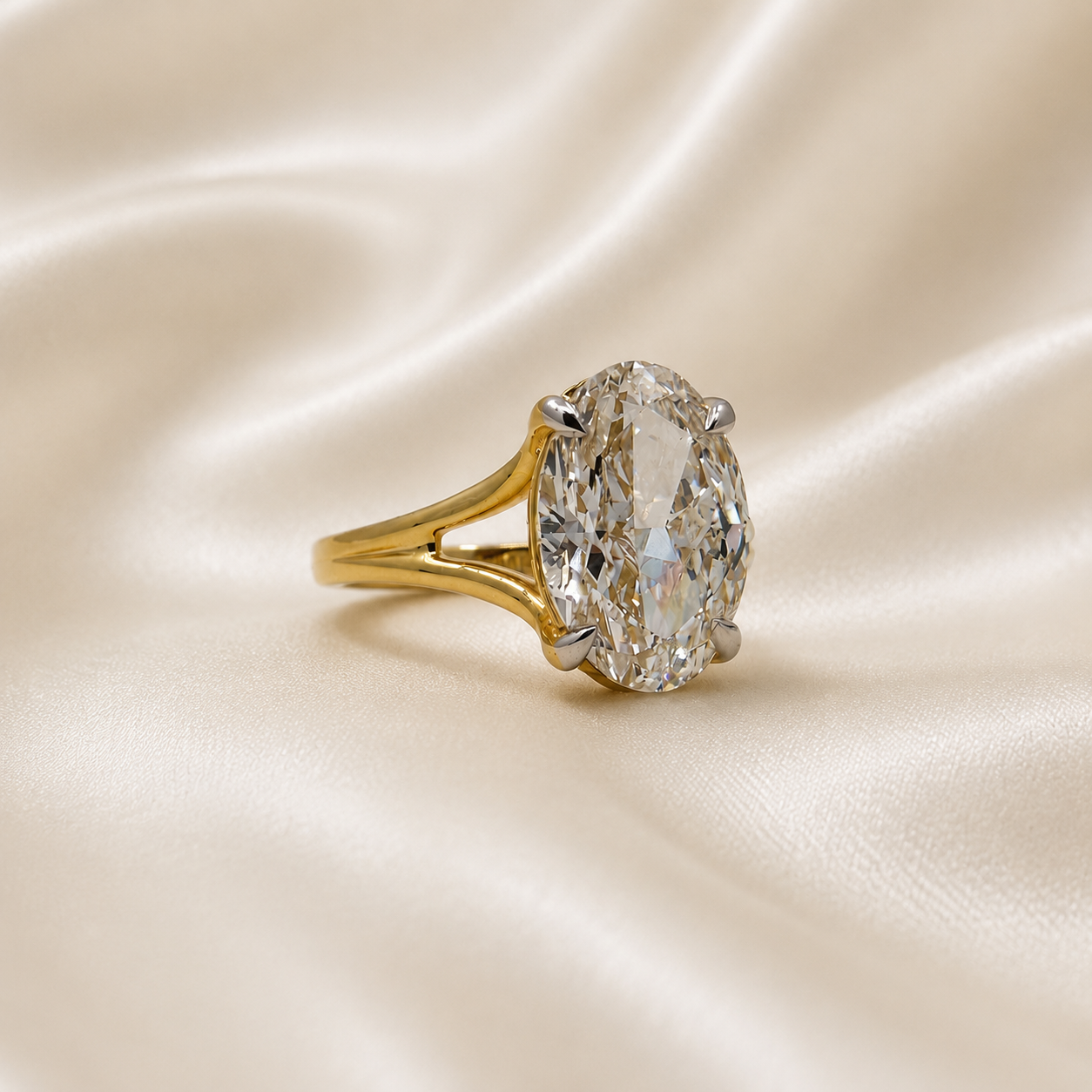 Split shank oval diamond solitaire ring worn on hand